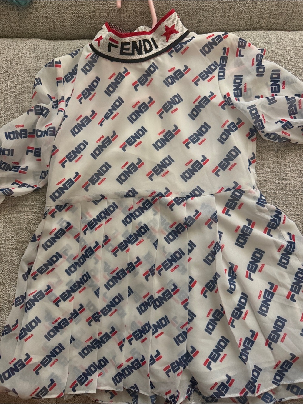 Authentic Fendi Kids White Logo Dress with Navy & Red Accents 100% silk